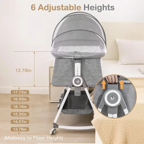 Miniatura 4 de Cuna para bebé, moisés junto a la cama, 4 en 1 con ruedas con candado, mosquitero, cuna portátil plegable ajustable para recién nacido, gris
