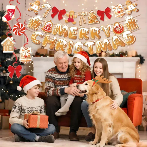 Miniatura 5 de Pancartas de Feliz Navidad, tema de pan de jengibre, decoración de fiesta navideña preencordada con 20 espirales colgantes para el hogar, la oficina