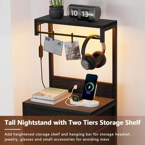 Miniatura 4 de Furnulem Mesita de noche alta con estación de carga, mesitas de noche con luces LED y estantes de almacenamiento, mesa auxiliar de cama para Roble
