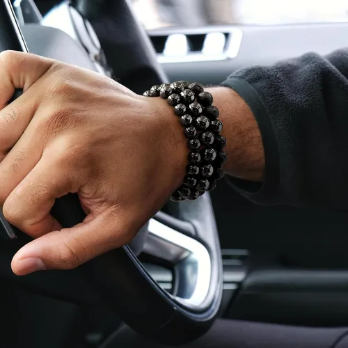 Miniatura 3 de HOBT Pulsera para hombre, pulsera elástica de ojo de tigre, pulsera de roca de lava negra, joyería para hombre, pulseras de cuentas de piedra