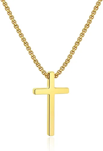 Ursteel - Collar con dije de cruz de acero inoxidable para hombre, cadena de eslabones cuadrados de 16 a 30 pulgadas, color plateado, negro, dorado