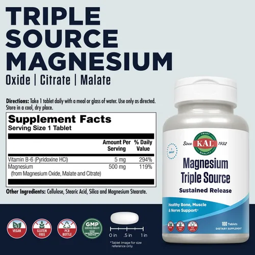 Miniatura 2 de KAL Triple Source Suplemento Complejo de Magnesio – Citrato de Tri Magnesio, Malato y Óxido para Mujeres y Hombres, Liberación Sostenida
