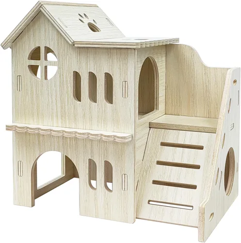 Miniatura 7 de Accesorios de jaula de escondite para hámster Sirvarni - Casa y hábitat de hámster en madera con cabaña oculta, escalera para escalar y tobogán