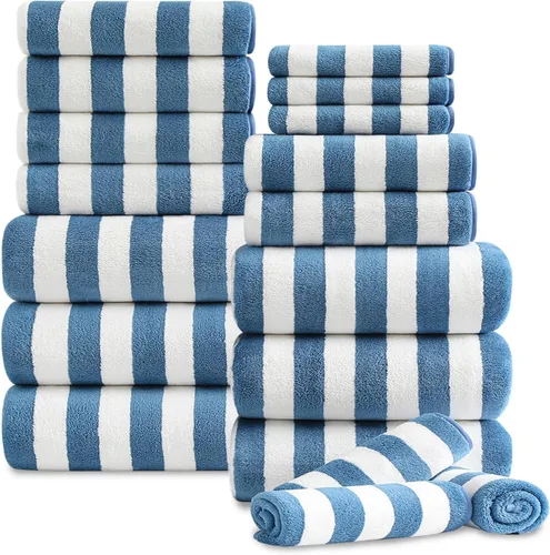 Miniatura 12 de Juego de 18 toallas de baño de rayas color blanco y negro con lazo para colgar, 6 toallas de baño, 6 toallas de mano, 6 toallas familiares, juego