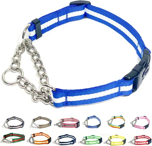 Miniatura 9 de Collar Martingale para perros, collares de nailon ajustables con hebilla de liberación rápida, rayas multicolores, cadena de acero inoxidable