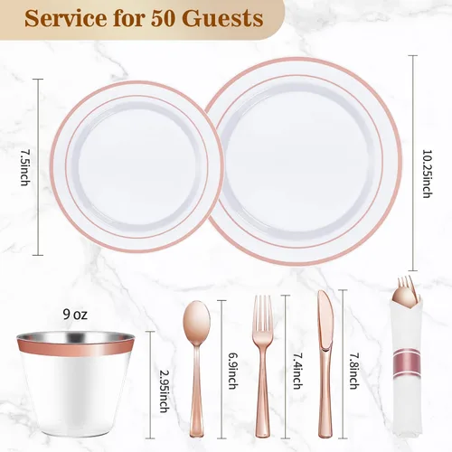Miniatura 4 de BESTVIP Juego de vajilla de plástico color oro rosa de 350 piezas, platos de fiesta desechables para 50 invitados, incluye: 100 platos de plástico