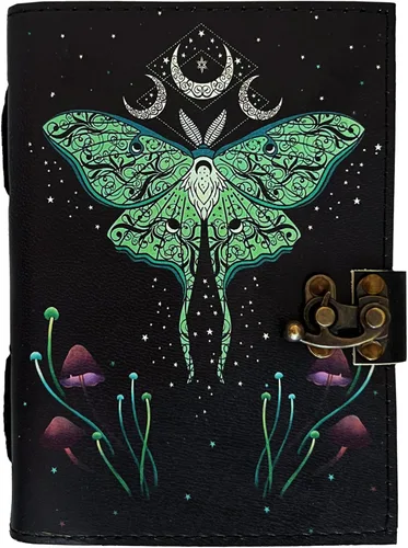 Miniatura 2 de AL HAZZA - Diario de cuero del libro de hechizos, diario de grimorio con motivo de luna y mariposa Morpho, cuaderno Wiccan vintage antiguo