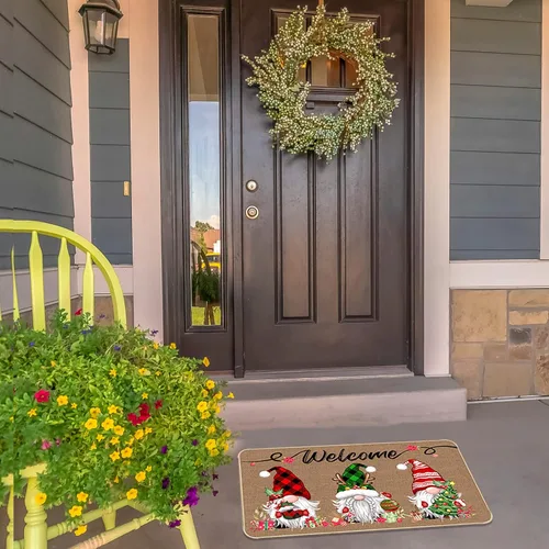 Miniatura 6 de TREWAVE Felpudo Decorativo de Bienvenida Navideño, Tapete de Puerta de Gnomo Navideño a Cuadros Buffalo, Alfombra de Entrada Antideslizante, 29 x 17