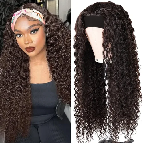 Miniatura 44 de Peluca de cabello humano con diadema de ondas profundas, sin pegamento, pelucas de cabello rizado sin encaje frontal, pelucas de cabello humano