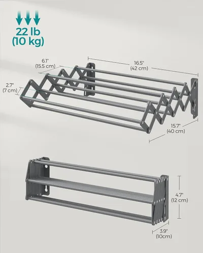 Miniatura 6 de SONGMICS Estante de Secado de Ropa, Estante de Secado de Ropa Montado en la Pared, Pequeño Estante de Ropa Acordeón, 9 Varillas Colgantes Gris paloma