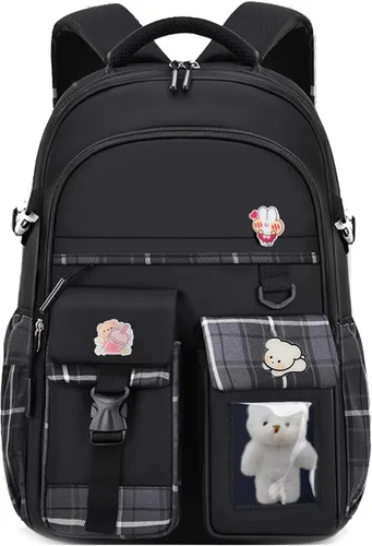 PRLINJSK Mochila para niñas, mochila escolar linda para niñas, niños y adolescentes, mochila Kawaii para primaria, Negro, Mediana, Mochilas