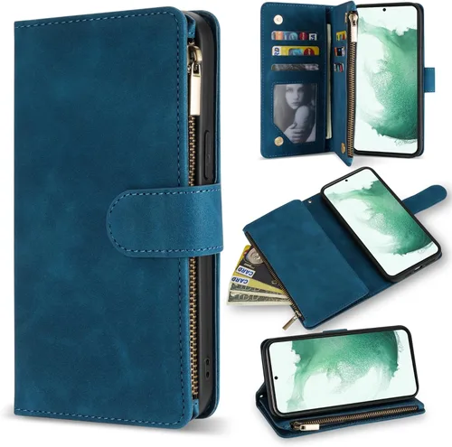 Miniatura 19 de ZZXX Funda para Samsung Galaxy S22 Plus con ranura para tarjeta, piel sintética suave de alta calidad, con cremallera, con correa para la muñeca