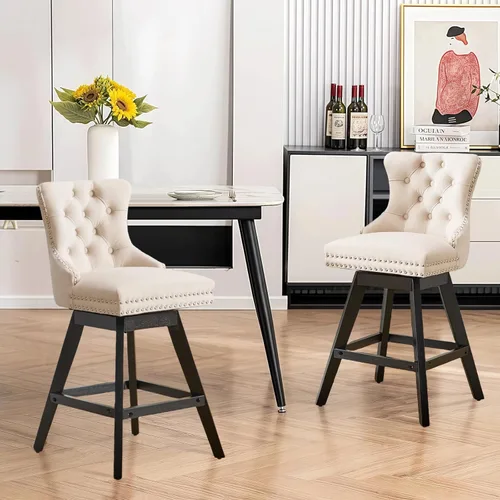 Miniatura 62 de SoarFlash Juego de 2 taburetes de bar tapizados de terciopelo moderno con patas de madera, botones acolchados, cabeza de clavo cromada, asiento