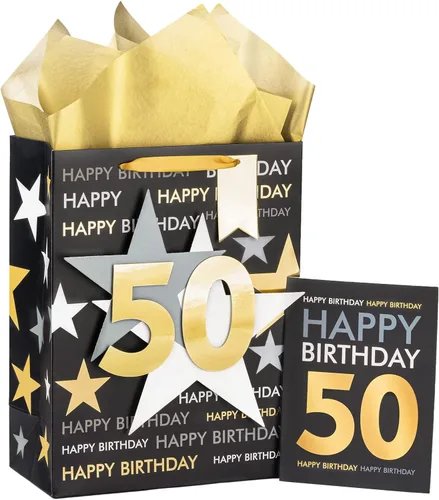 Miniatura 13 de Loveinside Bolsa de regalo de cumpleaños con papel de seda y tarjeta de felicitación para cumpleaños 40 – 10 x 5 x 13 pulgadas, 1 unidad, oro negro