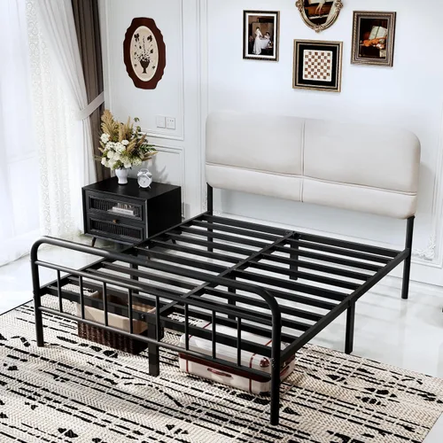 Miniatura 4 de Base de cama metálica de 14 pulgadas, base de cama tamaño matrimonial con cabecero tapizado, base de colchón resistente y de alta capacidad, fácil