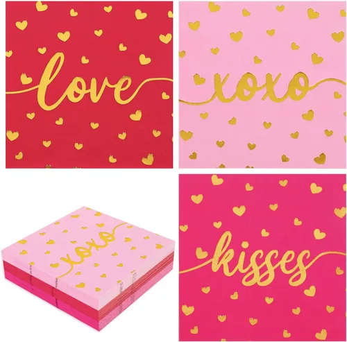Whaline Paquete de 75 servilletas para el día de San Valentín de 6.5 x 6.5 pulgadas, color rojo, rosa, dorado, servilletas de cena Love XOXO Kisses