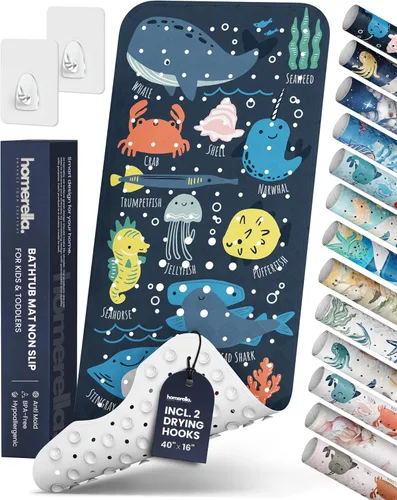 Miniatura 30 de Homerella - Alfombrilla de baño antideslizante y antideslizante para niños, 40 x 16 pulgadas, sin BPA, incluye 2 ganchos, tapete de ducha lavable