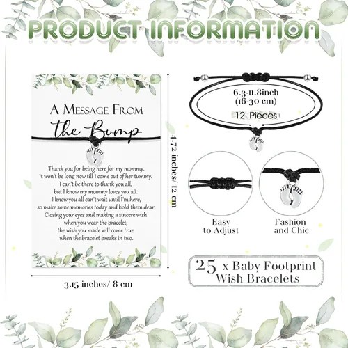 Miniatura 2 de Thyle 25 Juego de Pulseras Ajustables para Baby Shower con Mensaje de la Tarjeta de la Pancita, Huellas, Encanto para Invitados, Pulseras de Baby