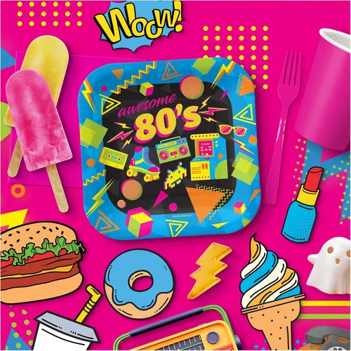 Miniatura 5 de HOME & HOOPLA Suministros para fiestas de los 80 - Platos de postre de papel cuadrados con íconos totalmente geniales de los años 1980 para 16