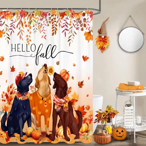 Miniatura 13 de Juego de cortinas de ducha navideñas con acebo, cortinas de ducha impermeables de Navidad, cortinas de baño de tela con 12 ganchos para decoración
