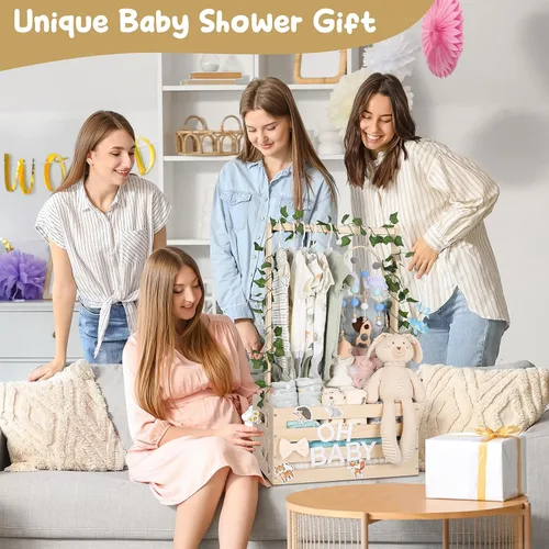 Miniatura 2 de Cesta grande de regalos para baby shower, caja de madera, colgadores de letras de madera personalizadas para bebé recién nacido niña niño, regalos