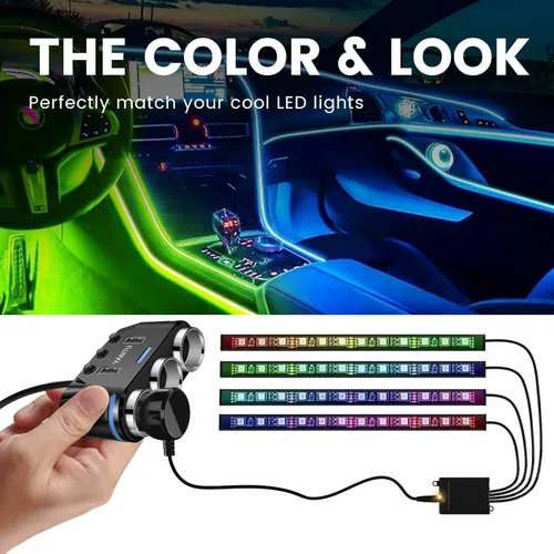Miniatura 5 de YANTU Adaptador y divisor de encendedor de cigarrillos con 150W, 3 tomas y iluminación ambiental LED, doble carga rápida USB, salida de coche
