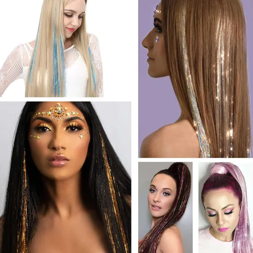 Miniatura 7 de Kit de oropel para el cabello, 18 colores de 48 pulgadas, extensiones de cabello de oropel de hadas resistentes al calor con herramientas, CC