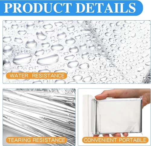 Miniatura 4 de Macarrie Paquete de 75 mantas térmicas de papel de emergencia de papel de aluminio plateado para supervivencia al aire libre, camping, senderismo