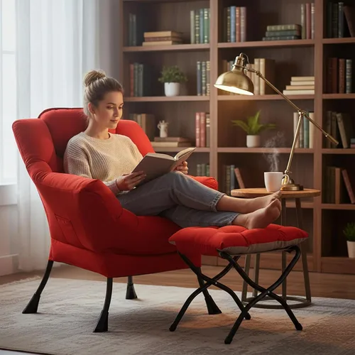 Miniatura 9 de Welnow - Silla perezosa con otomana, moderna silla de descanso con reposabrazos y bolsillo lateral, juego de sillón tapizado de ocio, sillón de Rojo
