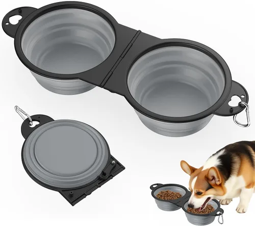 Pawaboo Cuencos plegables 2 en 1 para perros, cuencos dobles para comida y agua, cuenco de silicona portátil de 180° con gancho de metal, comedero