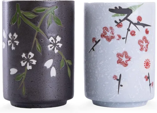 Miniatura 12 de WHJY Juego de 2 tazas de té de cerámica sin asa estilo chino/japonés transicional de 10 oz, patrón de flor de cereza y línea Flower & Line