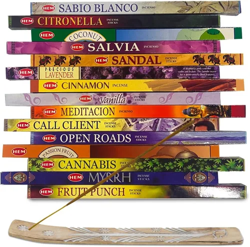 Hem - Varitas de incienso variadas, paquete de 15 fragancias seleccionadas al azar, 8 varillas cada una, total de 120 varillas con soporte para