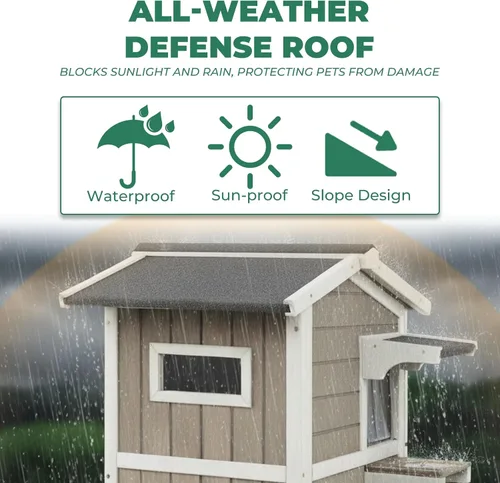 Miniatura 4 de Casa para gatos al aire libre resistente a la intemperie, casa de madera para gatos de dos pisos con techo que se puede abrir, 4 puertas, balcón