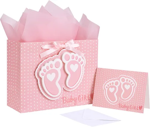 Miniatura 8 de LeZakaa Bolsa de regalo de conejo de 16 pulgadas con papel de seda, etiqueta de regalo y tarjeta, bolsa caqui con conejo en el baño y diseño de Bebé