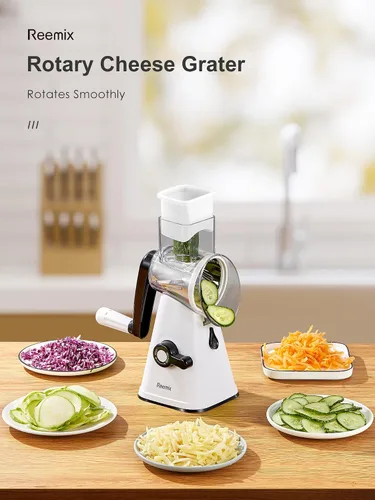 Miniatura 7 de Reemix - Rallador rotativo de queso con asa, triturador de queso vegetal para cocina, 3 cuchillas intercambiables para queso, papa, calabacín, Blanco