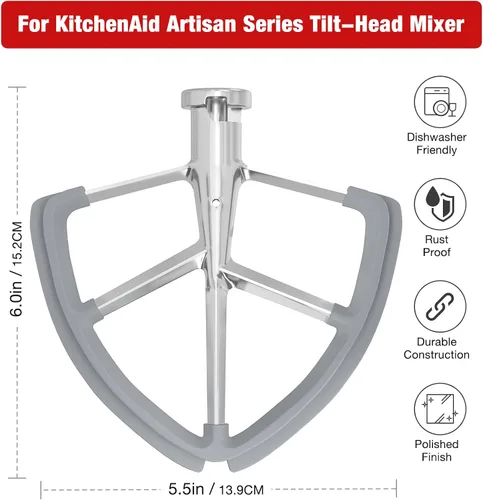 Miniatura 4 de Batidor de borde flexible de acero inoxidable de 4.5-5 cuartos para batidoras de pie KitchenAid Classic y Artisan con cabezal inclinable. Compatible