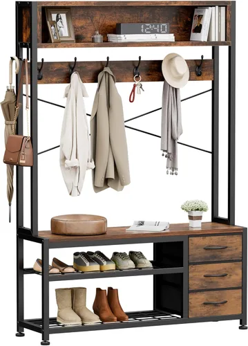 Miniatura 11 de Lulive Perchero de pie con banco y almacenamiento de zapatos, perchero independiente de 31.5" con estante de almacenamiento de 2 niveles, banco