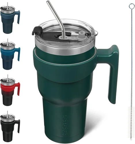 Miniatura 59 de BJPKPK Vaso con asa de acero inoxidable de 20 onzas, con aislamiento de doble pared, con tapa y pajita, color rosa claro A-rosa claro