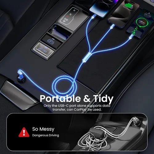 Miniatura 6 de Cable de carga con luz LED que fluye 3 en 1 Lightning/Type C/Micro USB brillante para automóvil para iPhone, cable de carga para automóvil azul