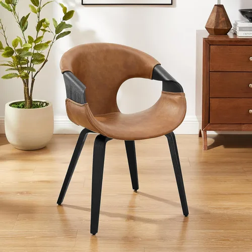 Art Leon Mid Century - Silla de escritorio moderna sin ruedas, silla de escritorio de madera tapizada de piel sintética, silla de oficina con patas