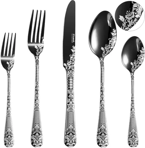 Juego de cubiertos de damasco floral negro rosa – 20 piezas – Incluye 8 cucharas, 8 x tenedores, 4 cuchillos – acero inoxidable – apto para