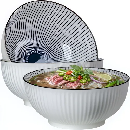 QINLANG Juego de 3 cuencos grandes de sopa Pho & Ramen, 60 onzas, cuencos grandes de porcelana azul y blanca, patrón a rayas