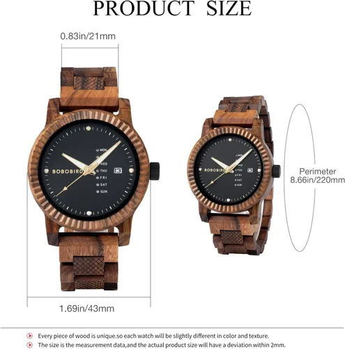 Miniatura 8 de BOBO BIRD Reloj de madera para hombre, analógico, de cuarzo, con pantalla de semana, ligero, hecho a mano, para hombre