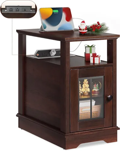 WLIVE Mesa auxiliar de estilo granja con estación de carga, mesa lateral estrecha con almacenamiento, mesita de noche pequeña con puertos USB y