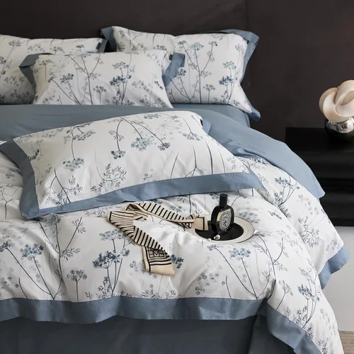 Miniatura 58 de Juego de funda de edredón blanca con estampado floral azul, juego de ropa de cama de algodón suave estilo bohemio, juego de ropa de cama estética