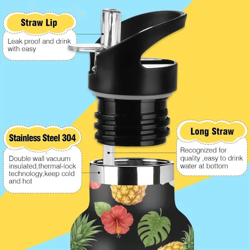 Miniatura 3 de Kids Water Bottle Leakproof Insulated Water Bottle with Straw 20oz, BPA-Free, Yellow Pineapples Colorful Hibiscus