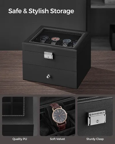 Miniatura 3 de SONGMICS Caja de reloj de 16 ranuras, caja de reloj con tapa de vidrio, 2 capas, vitrina de reloj con cerradura, cuero sintético negro, forro negro