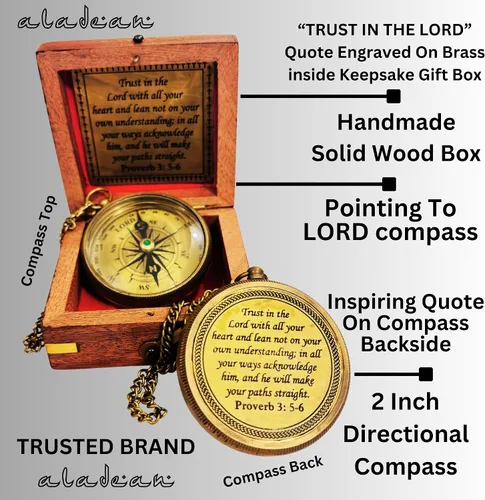 Miniatura 2 de Confía en el Señor - Proverbios 3: 5-6 Brújula grabada, Caja de madera de saludo, Regalo inspiradoral para hombres, Regalos de bautismo para niños