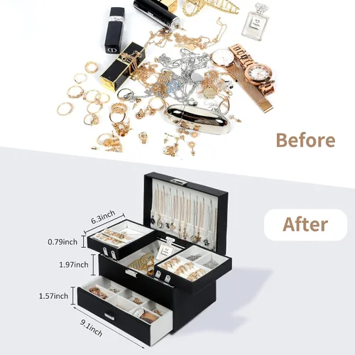 Miniatura 4 de Dajasan Cajas de joyería para mujeres y niñas, caja organizadora de joyas, 3 capas, organizador de almacenamiento de joyas para aretes, anillos