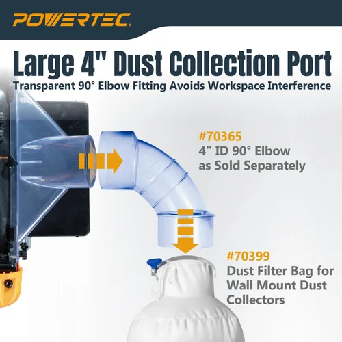 Miniatura 4 de POWERTEC 70474 - Bolsa colectora de polvo y codo de 90 grados ID/OD de 4 pulgadas, filtro de 30 micrones con abrazadera de manguera de llave de 4